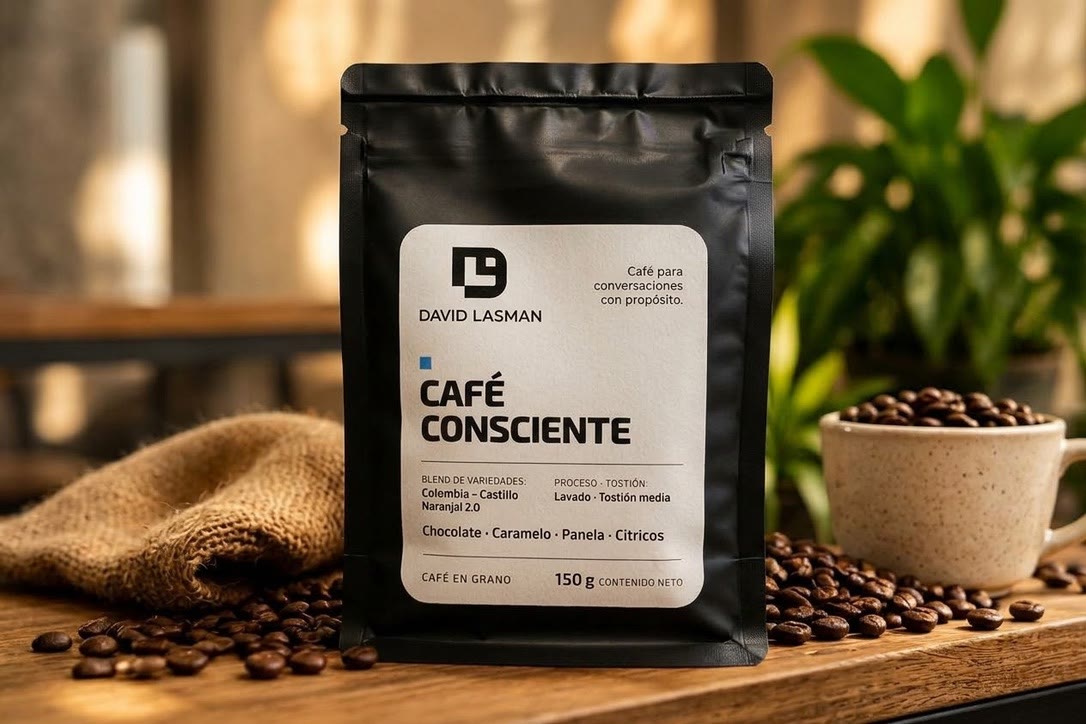 Bolsa negra de Café Consciente con etiqueta blanca de David Lasman, sobre una mesa de madera con granos de café y una taza